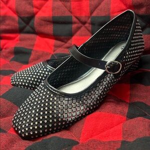 Mesh Rhinestone Mary Jane Flats Black Women’s Sz 9 Silver Studs Strap Goth Glam